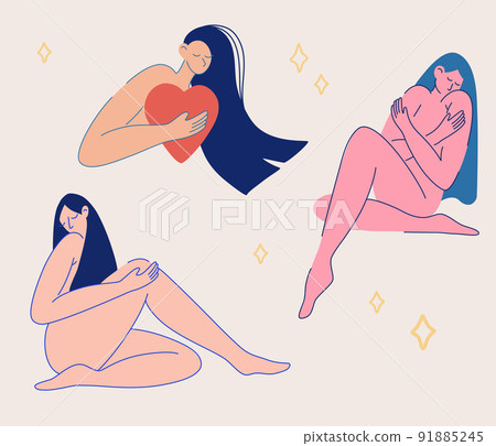 Beautiful women in various poses. Body positive concept. Love yourself. Attractive girls. Hand drawn vector illustration in trendy style. Beautiful women in various poses. Body positive concept. Love yourself. Attractive girls. Hand drawn vector illustration in trendy style. 91885245