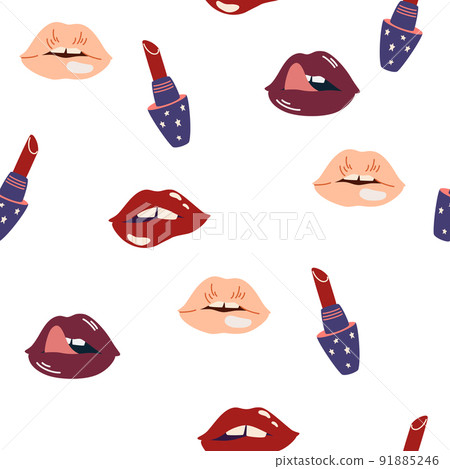 Women's lips and lipstick seamless pattern. Lipstick, lips, mouth and fashion. Beauty. Valentines day, wedding background. Wallpaper, textile, wrapping paper. Hand draw vector illustration. Women's lips and lipstick seamless pattern. Lipstick, lips, mouth and fashion. Beauty. Valentines day, wedding background. Wallpaper, textile, wrapping paper. Hand draw vector illustration. 91885246