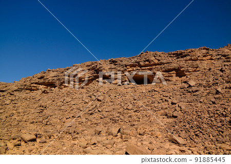 Aerial panoramic view to El Berdj mountain and erg gorge in Tassili nAjjer national park, Algeria 91885445