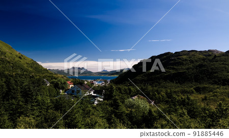Panoramic view to Napp village and Skjellsteinvika bay at Flakstadoya Island, Lofoten, Norway Panoramic view to Napp village and Skjellsteinvika bay at Flakstadoya Island, Lofoten, Norway 91885446