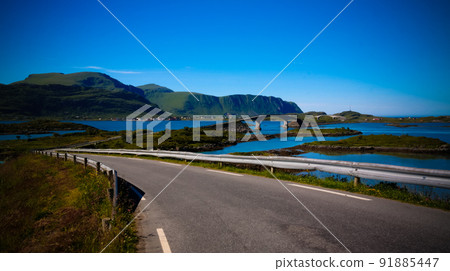 Landscape panoramic view to Fredvang bridge, Torvoya and buoya islands and Hovdanvika bay, Lofoten, Norway 91885447
