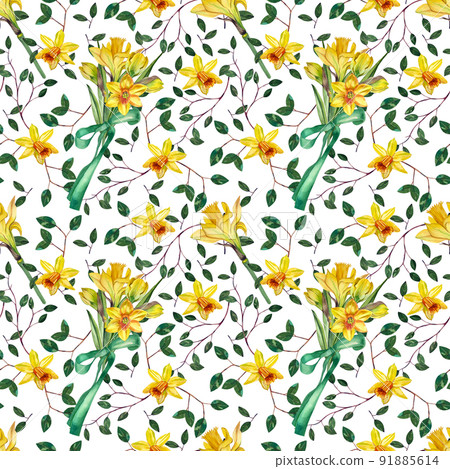 Seamless pattern of yellow bouquets of daffodils and tulips. Suitable for the design of printing, textiles, wallpaper, scrapbooking and more. 91885614