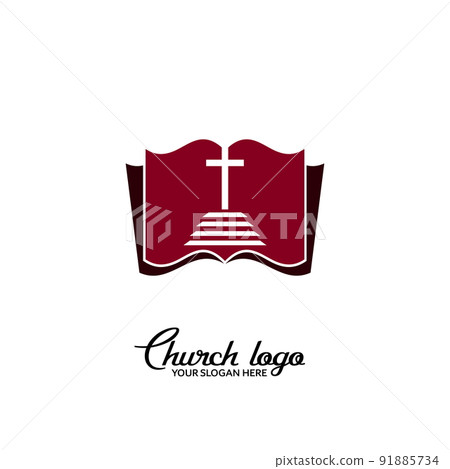 Church logo. Christian symbols. Steps leading to the crucifix on the background of an open bible. 91885734