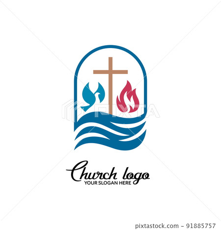 Church logo. Christian symbols. The cross of Jesus Christ, dove and flame are streams of living water. 91885757