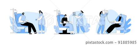 Volunteers Men and Women Sitting in Medical Hospital Chairs Donating Blood. Doctor or Nurse Characters Take Blood Volunteers Men and Women Sitting in Medical Hospital Chairs Donating Blood. Doctor or Nurse Characters Take Blood 91885985