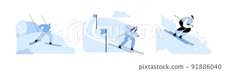 Set Skiing Winter Sports, Outdoors Spare Time. Characters Wear Warm Sportive Costume and Goggles Going Downhills by Skis 91886040