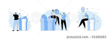 Tiny Male and Female Characters Celebrate Birthday, Valentine, Christmas or New Year Party with Huge Wrapped Gift Boxes 91886065