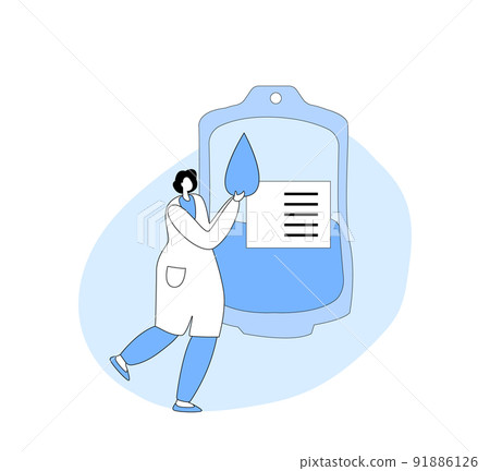 Healthcare, Blood Bank, Donation Charity and Transfusion Concept. Tiny Doctor Female Character in Medical Uniform Healthcare, Blood Bank, Donation Charity and Transfusion Concept. Tiny Doctor Female Character in Medical Uniform 91886126