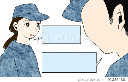 男人和女人穿著工作服和說話的插圖 男人和女人穿著工作服和說話的插圖 91886488