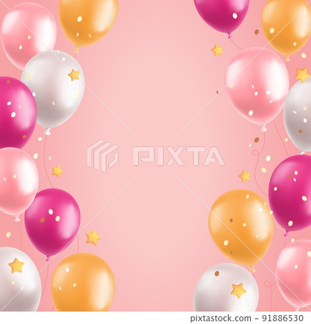3d balloons background, realistic pink and yellow air balloons, stars and confetti on pink background. Greeting card or banner festive concept. Vector illustration 3d balloons background, realistic pink and yellow air balloons, stars and confetti on pink background. Greeting card or banner festive concept. Vector illustration 91886530