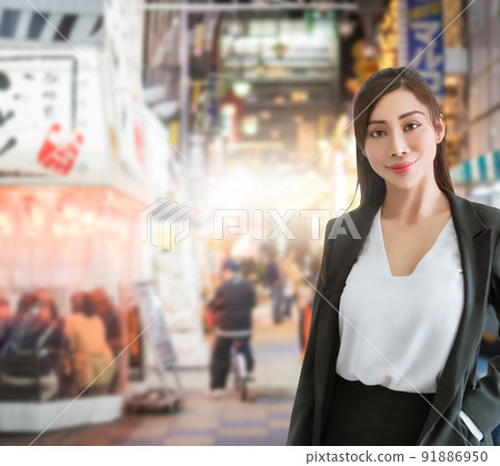 Portrait of an Asian Business woman with Japanese Tokyo Shop and restaurant city area background. Portrait of an Asian Business woman with Japanese Tokyo Shop and restaurant city area background. 91886950