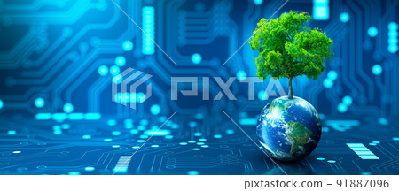 Tree growing on Earth with abstract blue background. Environmental Technology, Earth day, Energy saving, Environmentally friendly, csr, and IT ethics Concept. Elements furnished by NASA. 91887096