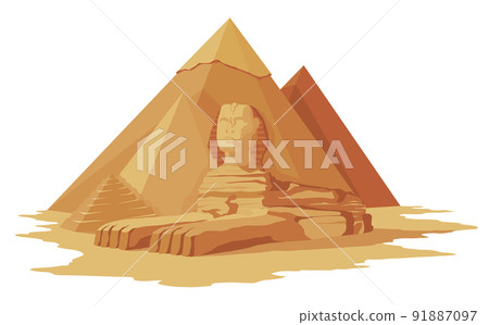 Egypt pyramids with sphinx scenery, symbol of ancient Egypt. Historic sight showplace attraction. Famous historical landmark place in Giza. Ancien architecture in sand dunes Egypt pyramids with sphinx scenery, symbol of ancient Egypt. Historic sight showplace attraction. Famous historical landmark place in Giza. Ancien architecture in sand dunes 91887097