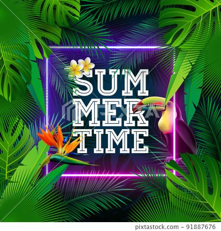 Tropical Summer Holiday Design with Toucan Bird and Parrot Flower on Glowing Neon Light Background. Vector Typography Illustration with Exotic Palm Leaves and Phylodendron for Banner, Flyer 91887676