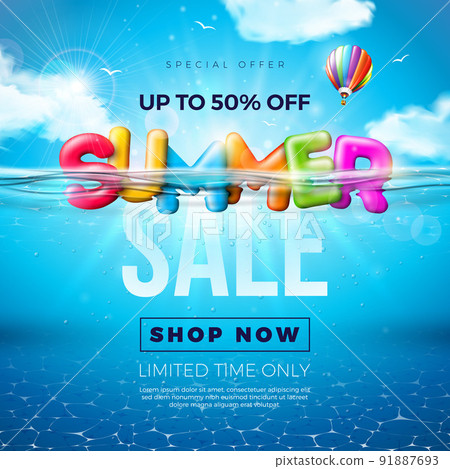 Summer Sale Design with Colorful 3d Text and Sunrise on Underwater Blue Ocean Background. Seasonal Vector Illustration for Coupon, Voucher, Banner, Flyer, Promotional Poster, Invitation or Greeting 91887693