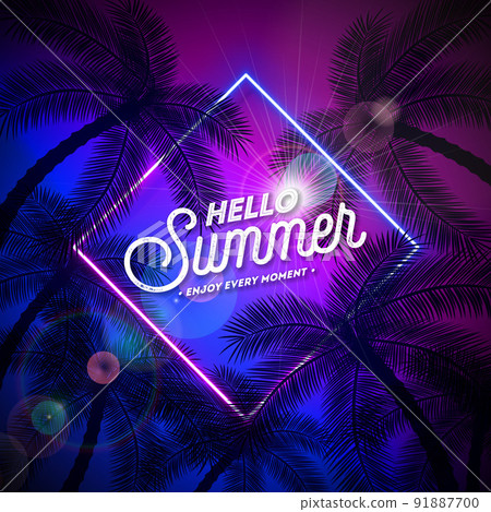 Summer Holiday Design with Glowing Neon Light on Dark Background. Vector Illustration with Typography Lettering and Palm Tree for Banner, Flyer, Invitation, Brochure, Poster or Greeting Card. 91887700
