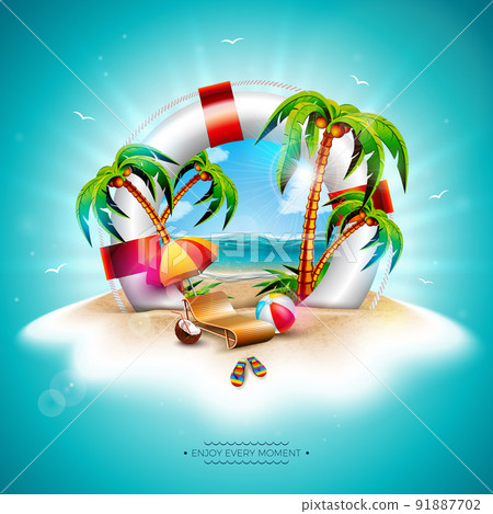 Summer Holiday Illustration with Lifebelt and Exotic Palm Trees on Tropical Island Background. Vector Design with Coconut, Beach Ball and Sunshade on Blue Ocean Landscape for Banner, Flyer, Invitation 91887702