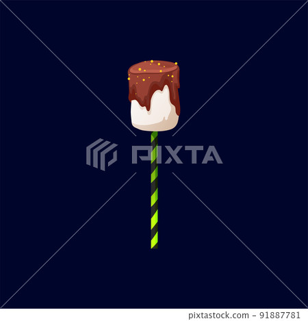 Sweet marshmallow candy in chocolate glaze on striped stick isolated cartoon food dessert. Vector Halloween trick or treat confectionery, holiday sweets, caramel lollipop or chewing confectionery Sweet marshmallow candy in chocolate glaze on striped stick isolated cartoon food dessert. Vector Halloween trick or treat confectionery, holiday sweets, caramel lollipop or chewing confectionery 91887781