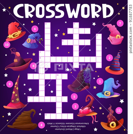 Witch and wizard hats, crossword puzzle worksheet, find a word quiz game grid. Vector search riddle with magician headwear for children learning activity. Cross word kids test with cartoon mage caps Witch and wizard hats, crossword puzzle worksheet, find a word quiz game grid. Vector search riddle with magician headwear for children learning activity. Cross word kids test with cartoon mage caps 91887783