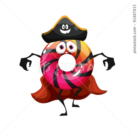 Cartoon Halloween pirate donut character, vector festive bakery for kids trick or treat party, sweet pastry with chocolate stripes. Funny buccaneer in cocked hat and red cape. Doughnut dessert sea dog 91887815