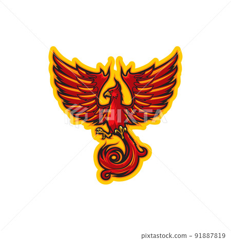 Phoenix bird mascot for sport team or players club, vector emblem. Basketball or baseball college and football soccer or hockey varsity league players mascot badge with phoenix bird in fire flames 91887819