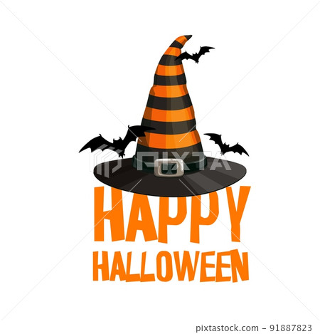 Cartoon striped witch hat, Halloween vector icon. Orange black cone cap or magic hat with buckle and bats flying around, Halloween horror holiday greeting card, trick or treat party invitation Cartoon striped witch hat, Halloween vector icon. Orange black cone cap or magic hat with buckle and bats flying around, Halloween horror holiday greeting card, trick or treat party invitation 91887823
