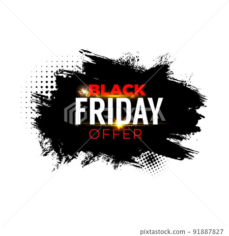 Black friday sale vector banner of weekend shop offer with halftone blobs and paint brush strokes background. Sale tag or label of discount offer, clearance and cut off price deal, retail promo 91887827