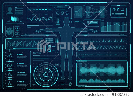 HUD interface, health care and medicine graphs, charts and infographics, vector futuristic medical technology, HUD interface with human body hologram, medical diagnostics and future biomedicine screen 91887832