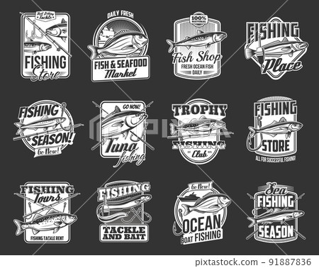 Fishing store and sport monochrome icons with isolated vector fish and fisherman tackle. Fishing boat, rod, hook and bait, tuna, salmon, mackerel and anchovy, eel, sardine and bream badges design 91887836