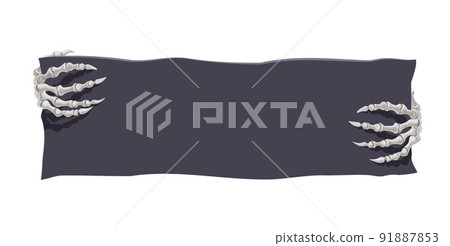 Halloween banner with skeleton hands. Cartoon vector dead monster bony palms holding black board or paper. Creepy character fingers holding piece of fabric or parchment isolated background design Halloween banner with skeleton hands. Cartoon vector dead monster bony palms holding black board or paper. Creepy character fingers holding piece of fabric or parchment isolated background design 91887853