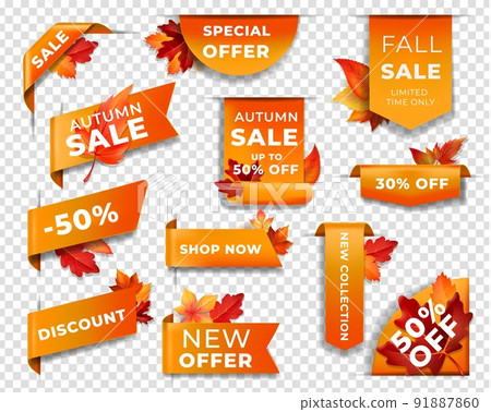 Labels, banners and ribbon corners with autumn leaves. Isolated vector tags for fall season discount, shop order, store sale promotional campaign. Advertising for new collection, promo coupons set 91887860