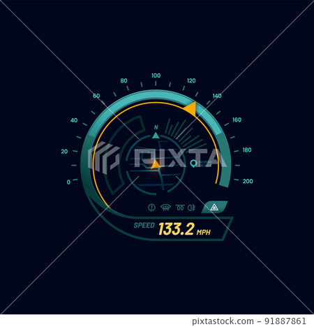Futuristic car speedometer gauge dial with navigation map. Automobile speed meter futuristic vector display with navigation route pointer. Vehicle tachometer indicator or car speedometer digital gauge 91887861