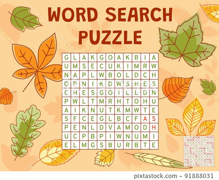 Autumn tree leaves word search puzzle game worksheet, quiz grid. Vector kids crossword, brainteaser for children with maple, oak, birch and chestnut, willow, aspen or elm, ash, viburnum fall leaves Autumn tree leaves word search puzzle game worksheet, quiz grid. Vector kids crossword, brainteaser for children with maple, oak, birch and chestnut, willow, aspen or elm, ash, viburnum fall leaves 91888031