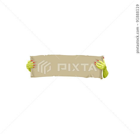 Dead creature grabs zombie hands with parchment scroll isolated cartoon Halloween arms with torn paper banner. Vector fabric in creepy woman monster hands with red nails, creepy character fingers 91888119