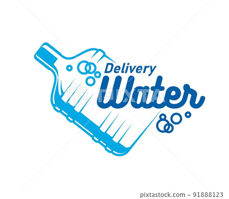 Water delivery icon of bottle with bubbles, vector blue plastic gallon. Water delivery service logistics and distribution company emblem for drinking and mineral water for office or home 91888123
