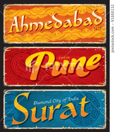 Ahmedabad, Pune, Surat, Indian city travel stickers and plates, vector vintage retro signs. India trip luggage labels or baggage tags and Indian vacations old posters or tin signs 91888132