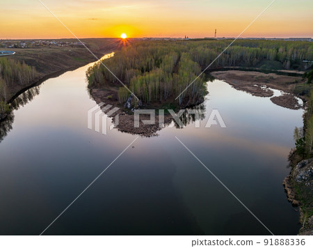 Confluence of the Iset and Kamenka rivers in the city Kamensk-Uralskiy. Iset and Kamenka rivers, Kamensk-Uralskiy, Sverdlovsk region, Ural mountains, Russia. Aerial view 91888336