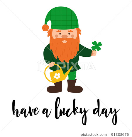 A small dwarf with a red beard and a green checkered hat holds a leaf of clover and a watering can. A postcard with a small dwarf and the words Have a lucky day. Card with cute cartoon character A small dwarf with a red beard and a green checkered hat holds a leaf of clover and a watering can. A postcard with a small dwarf and the words Have a lucky day. Card with cute cartoon character 91888676