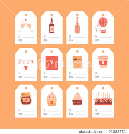 A set of gift tags for Valentine's Day. Sweets, bottle, air balloon. A collection of present labels with cartoon illustrations and the words To, From. Color vector illustrations on a white background. A set of gift tags for Valentine's Day. Sweets, bottle, air balloon. A collection of present labels with cartoon illustrations and the words To, From. Color vector illustrations on a white background. 91888781