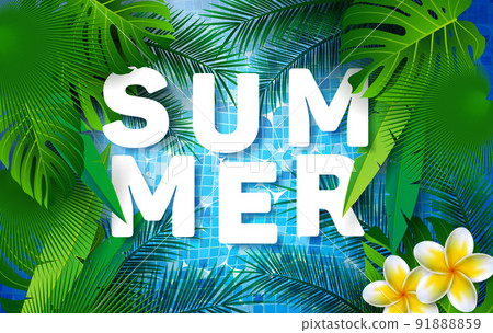 Summer Holiday Illustration with Water in the Tiled Pool Background and Flower. Summer Time Design with Tropical Plants and Palm Leaves for Banner, Flyer, Invitation, Brochure, Poster or Greeting Card Summer Holiday Illustration with Water in the Tiled Pool Background and Flower. Summer Time Design with Tropical Plants and Palm Leaves for Banner, Flyer, Invitation, Brochure, Poster or Greeting Card 91888859