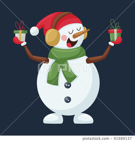 A cute snowman in an earpiece and a green scarf holds gift boxes in his hands. A Christmas cartoon character in a flat style is isolated on a dark background. Color vector illustration. A cute snowman in an earpiece and a green scarf holds gift boxes in his hands. A Christmas cartoon character in a flat style is isolated on a dark background. Color vector illustration. 91889137