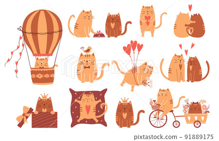Collection of cute cats in love. Riding a bike, hugging, holding a heart, sharing food, flying in a hot air balloon, sitting in a box. Happy characters.Vector childish illustrations isolated on white. 91889175