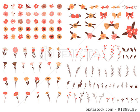 A large set of simple botanical elements. Flowers, leaves, twigs, decorative objects for design. Flat vector illustrations isolated on a white background. 91889189
