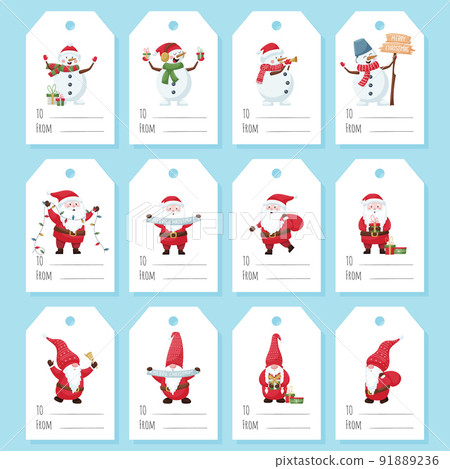 A set of gift tags, labels with cute Christmas characters - Santa, snowman, dwarf on a white background. Printable template with color vector flat illustrations and the words To, from. 91889236
