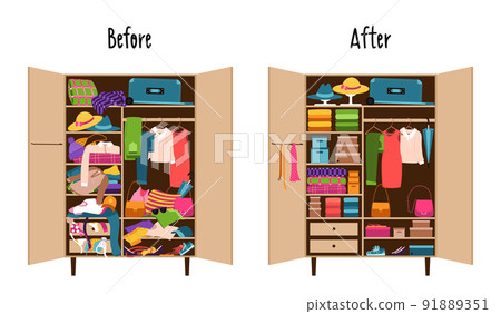 A wardrobe with clothes neatly laid out on the shelves and a wardrobe randomly littered with clothes. Mess and order in the wardrobe. before and after cleaning, sorting things. Reasonable consumption. 91889351
