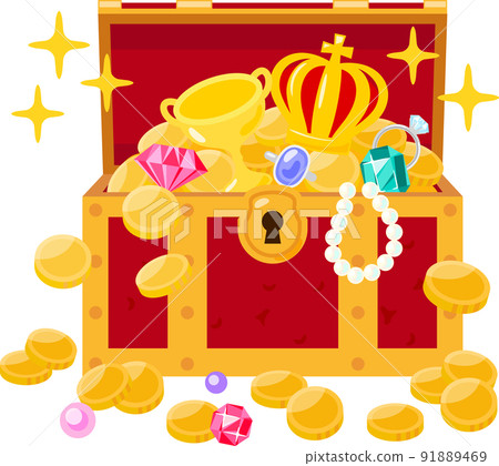 Treasure overflowing from the opened treasure box (front) 91889469