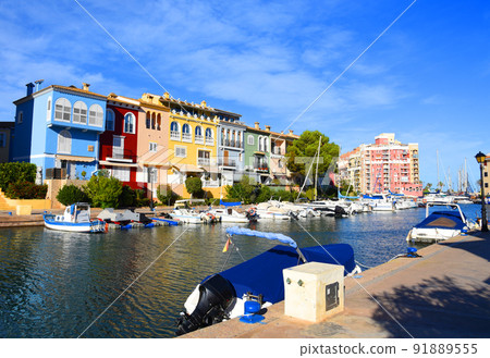 Yachts and motor boats in marina Port Saplaya, Valencia, Alboraya, Spain. 91889555