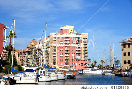 Yachts and motor boats in marina Port Saplaya, Valencia, Alboraya, Spain. 91889556