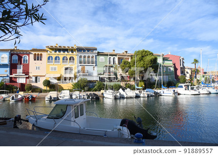 Yachts and motor boats in marina Port Saplaya, Valencia, Alboraya, Spain. 91889557