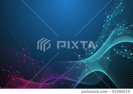 Quantum computer technology concept. Deep learning artificial intelligence. Big data algorithms visualization for business, science, technology. Waves flow, illustration. 91890019